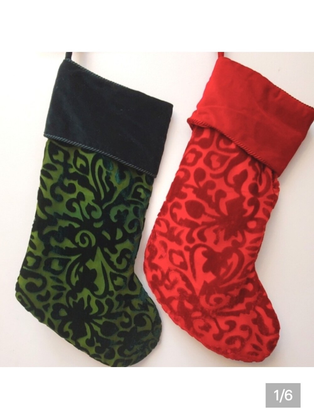 Vintage Set Of 2 Green And Red Christmas Velvet Floral Burnout Stockings